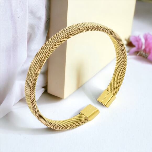 NEW 18K yellow gold mesh open cuff bracelet bangle adjustable jewelry B25A - Picture 7 of 8